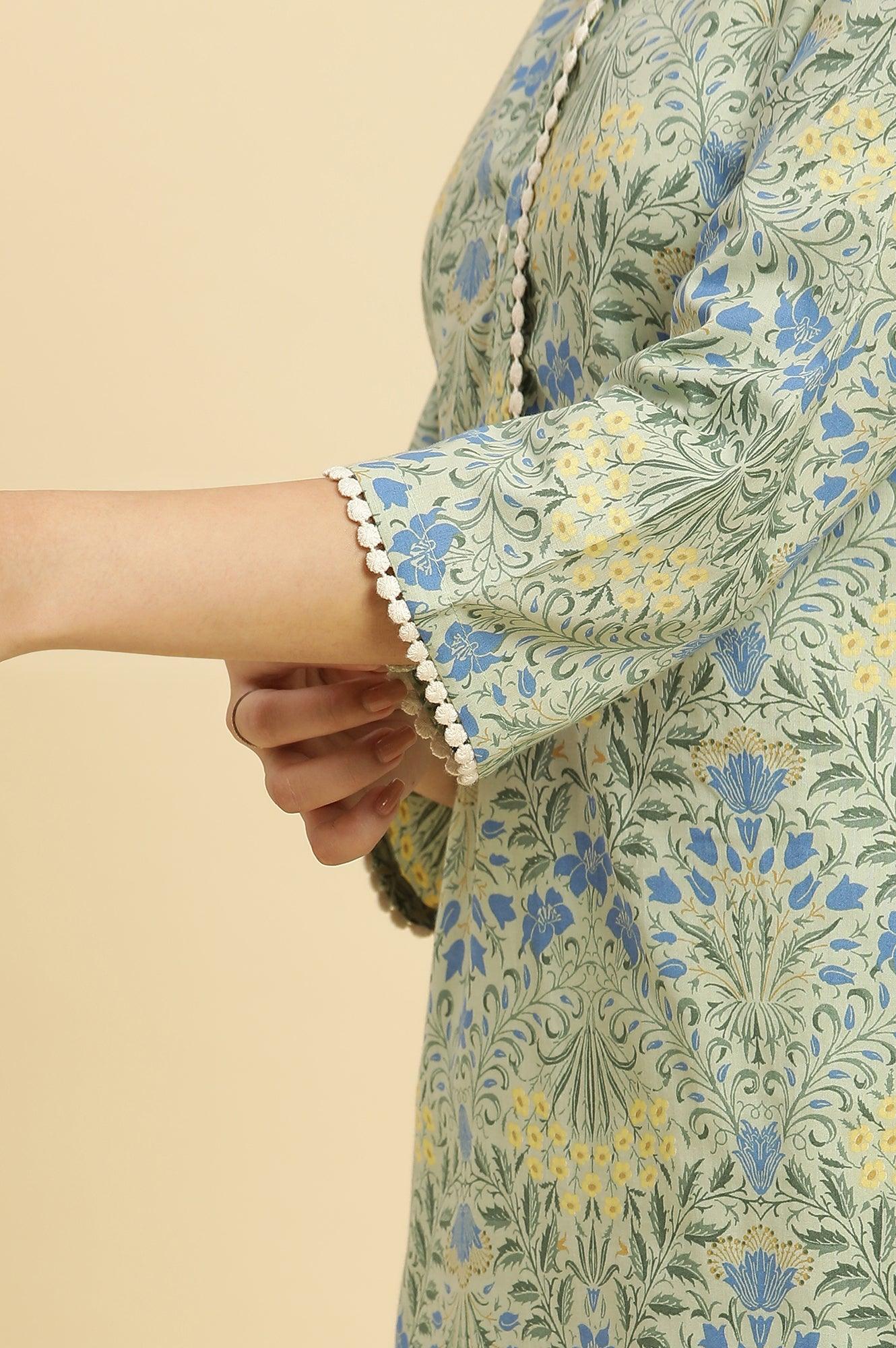 Light Green Printed Cambric Kurta With Lace - wforwoman