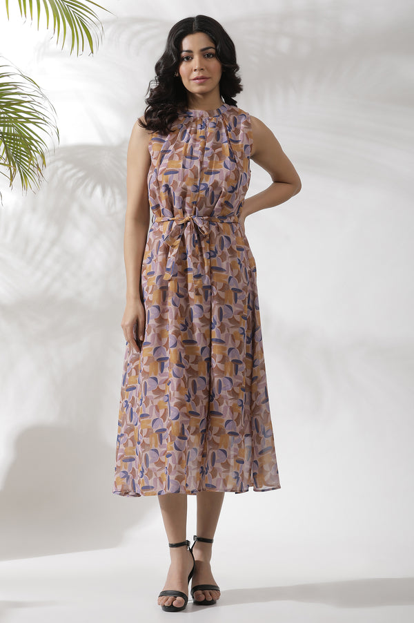 Multi-Coloured Abstract Printed Sleeveless Dress