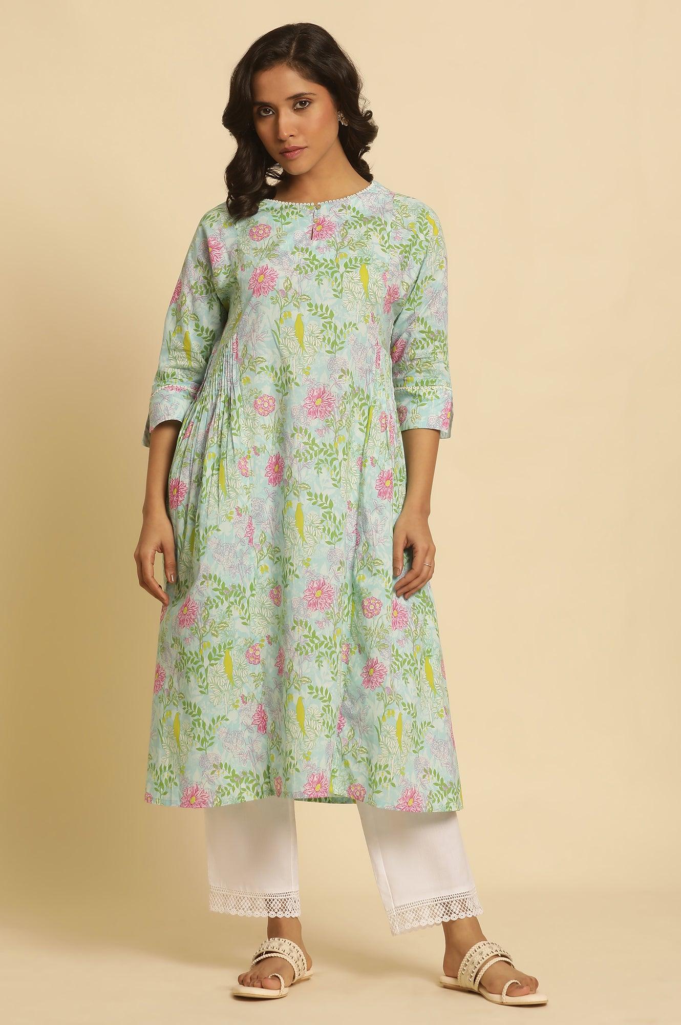 Blue Floral Printed Side Pleated Kurta - wforwoman