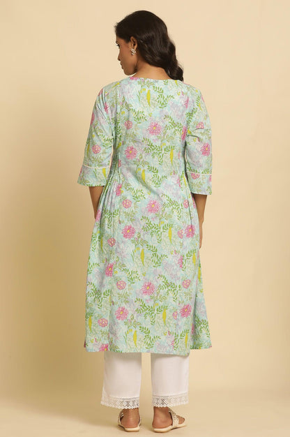 Blue Floral Printed Side Pleated Kurta - wforwoman