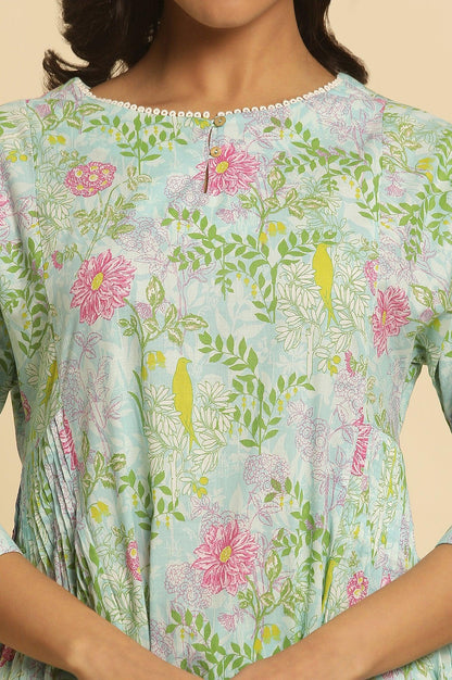 Blue Floral Printed Side Pleated Kurta - wforwoman