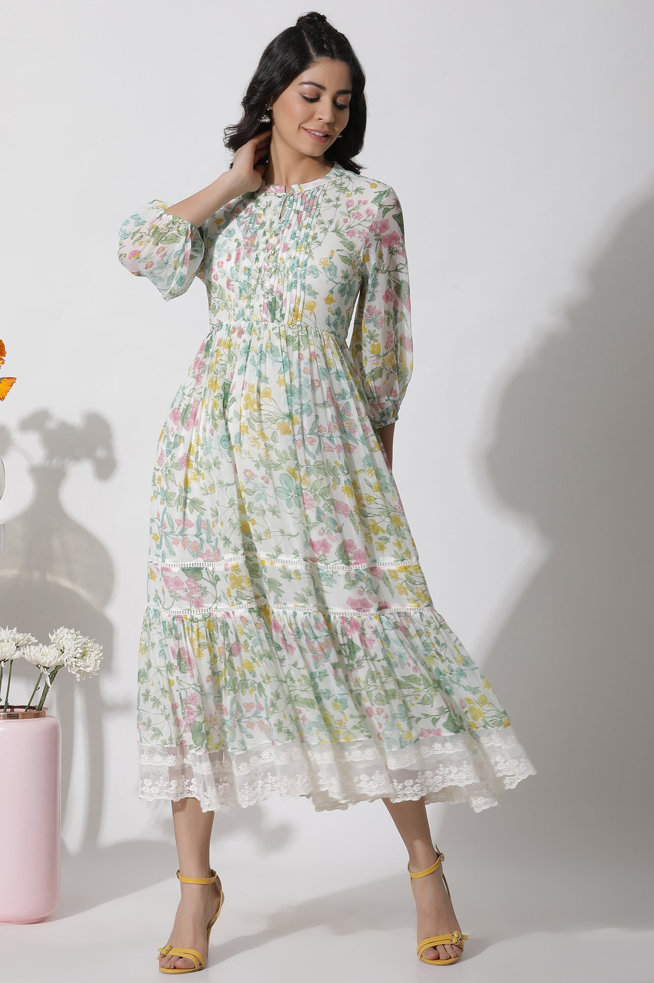 Buy White Floral Printed Chiffon Tiered Dress Online for Woman