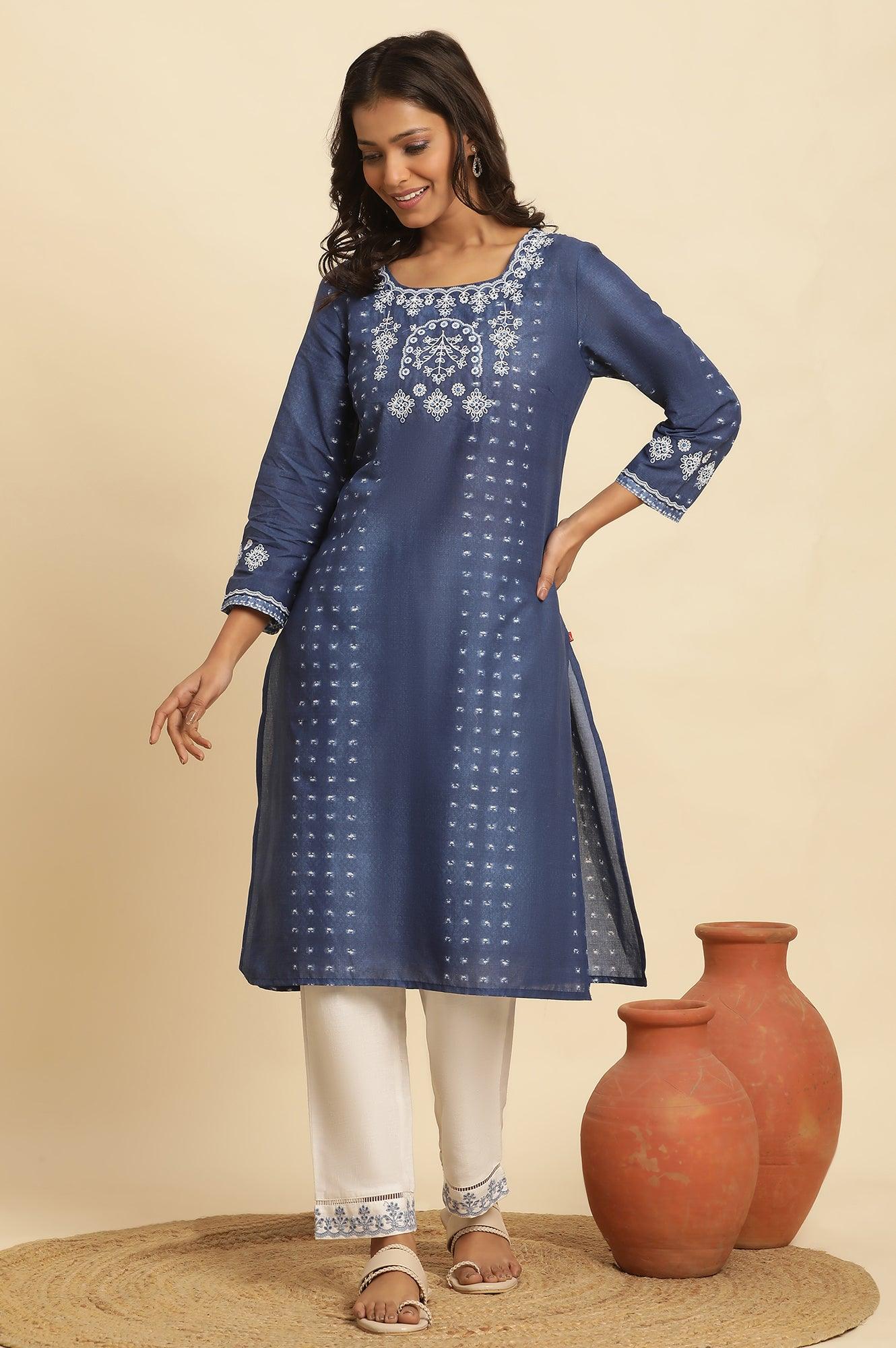 Blue Tie And Dye Printed Kurta With Embroidery - wforwoman