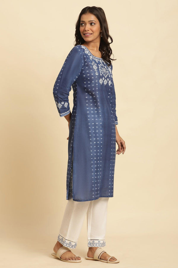 Blue Tie And Dye Printed Kurta With Embroidery