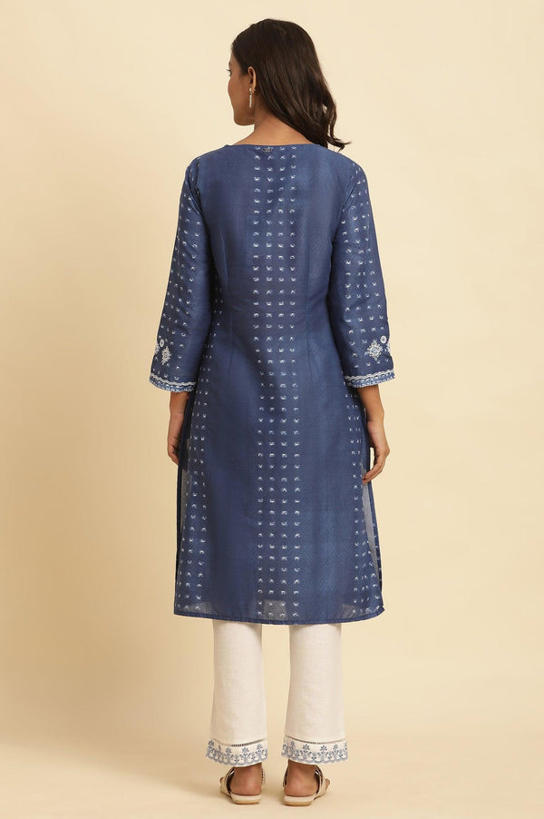 Blue Tie And Dye Printed Kurta With Embroidery