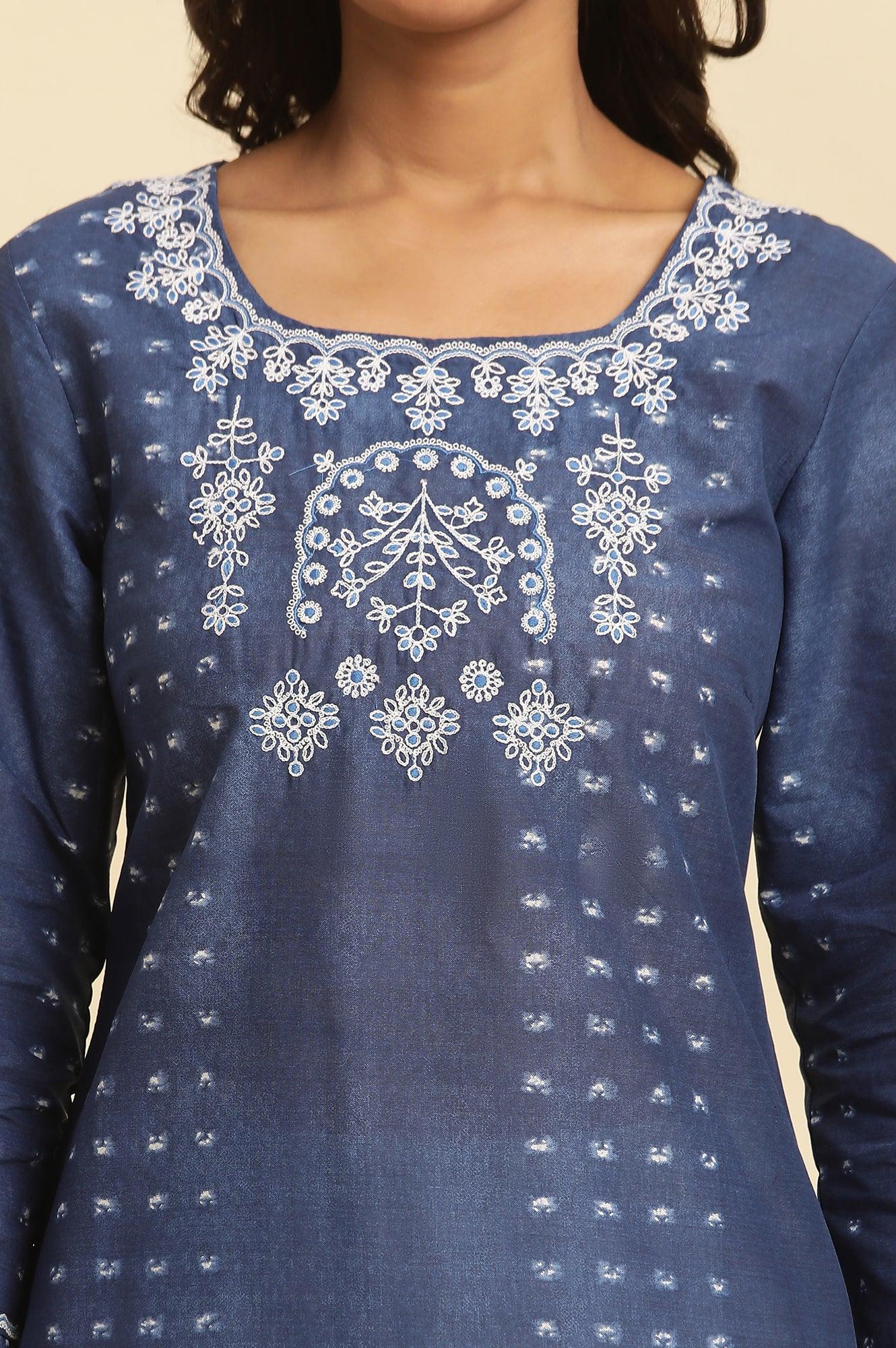 Blue Tie And Dye Printed Kurta With Embroidery - wforwoman