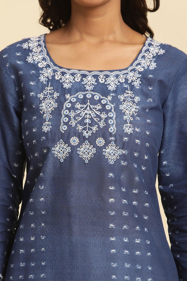 Blue Tie And Dye Printed Kurta With Embroidery