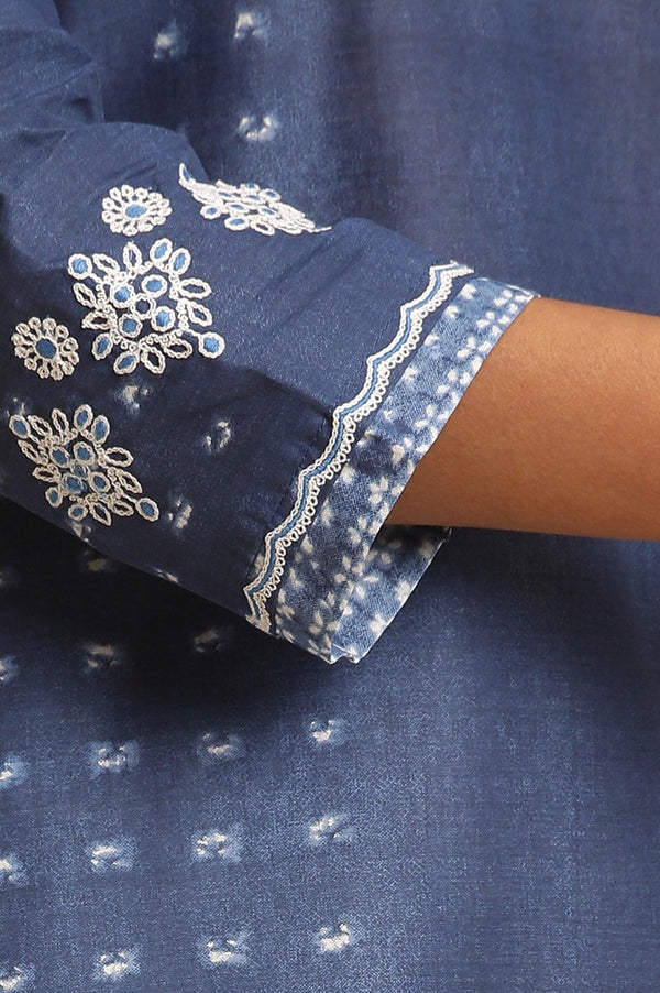Blue Tie And Dye Printed Kurta With Embroidery