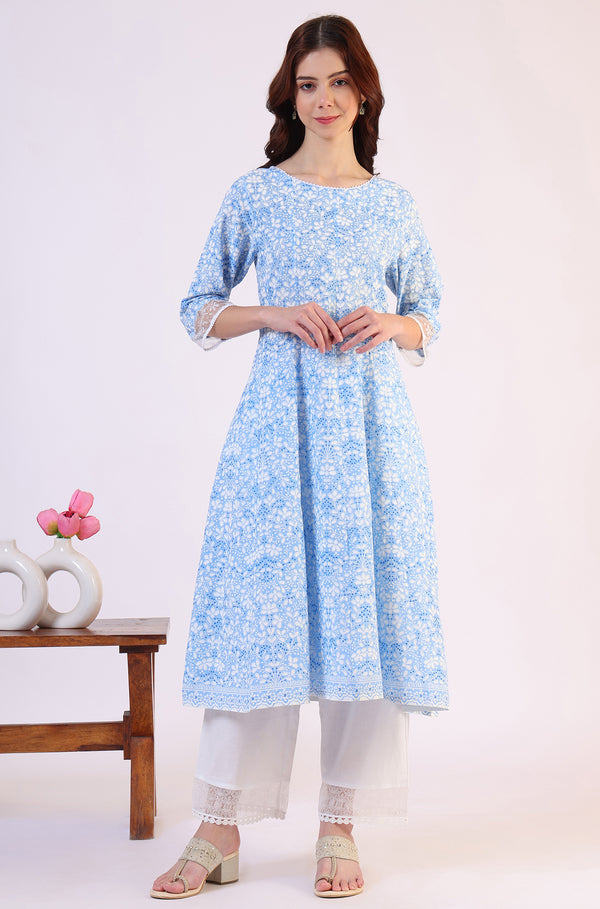 Light Blue Floral Printed Pure Cotton Anarkali Kurta and Straight Pants Set
