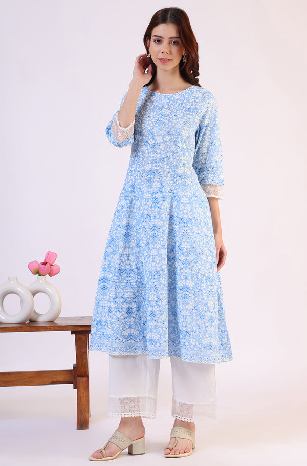 Light Blue Floral Printed Pure Cotton Anarkali Kurta and Straight Pants Set