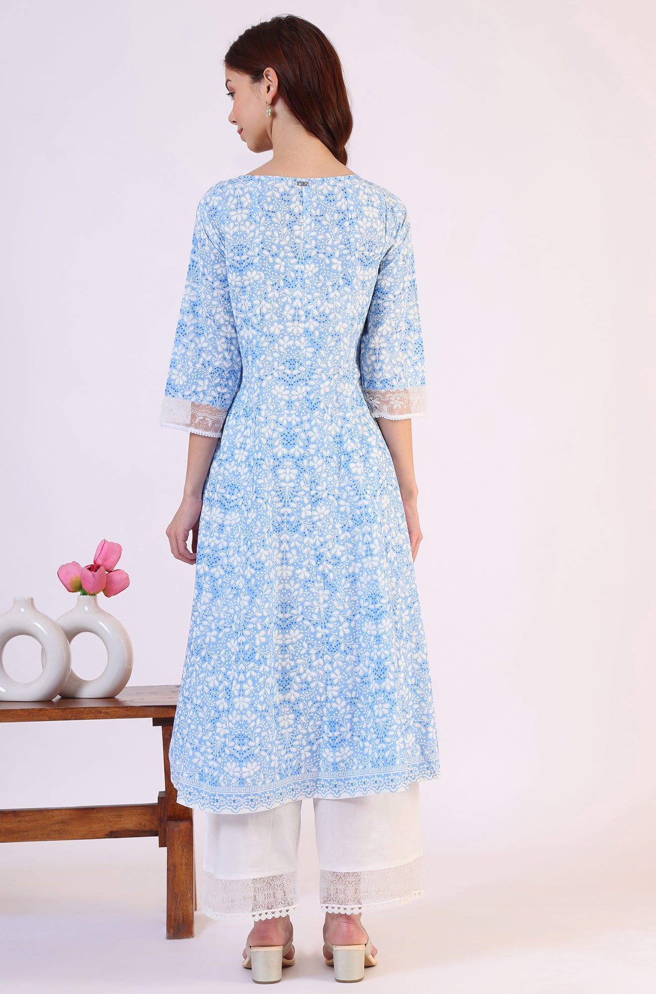 Light Blue Floral Printed Pure Cotton Anarkali Kurta and Straight Pants Set