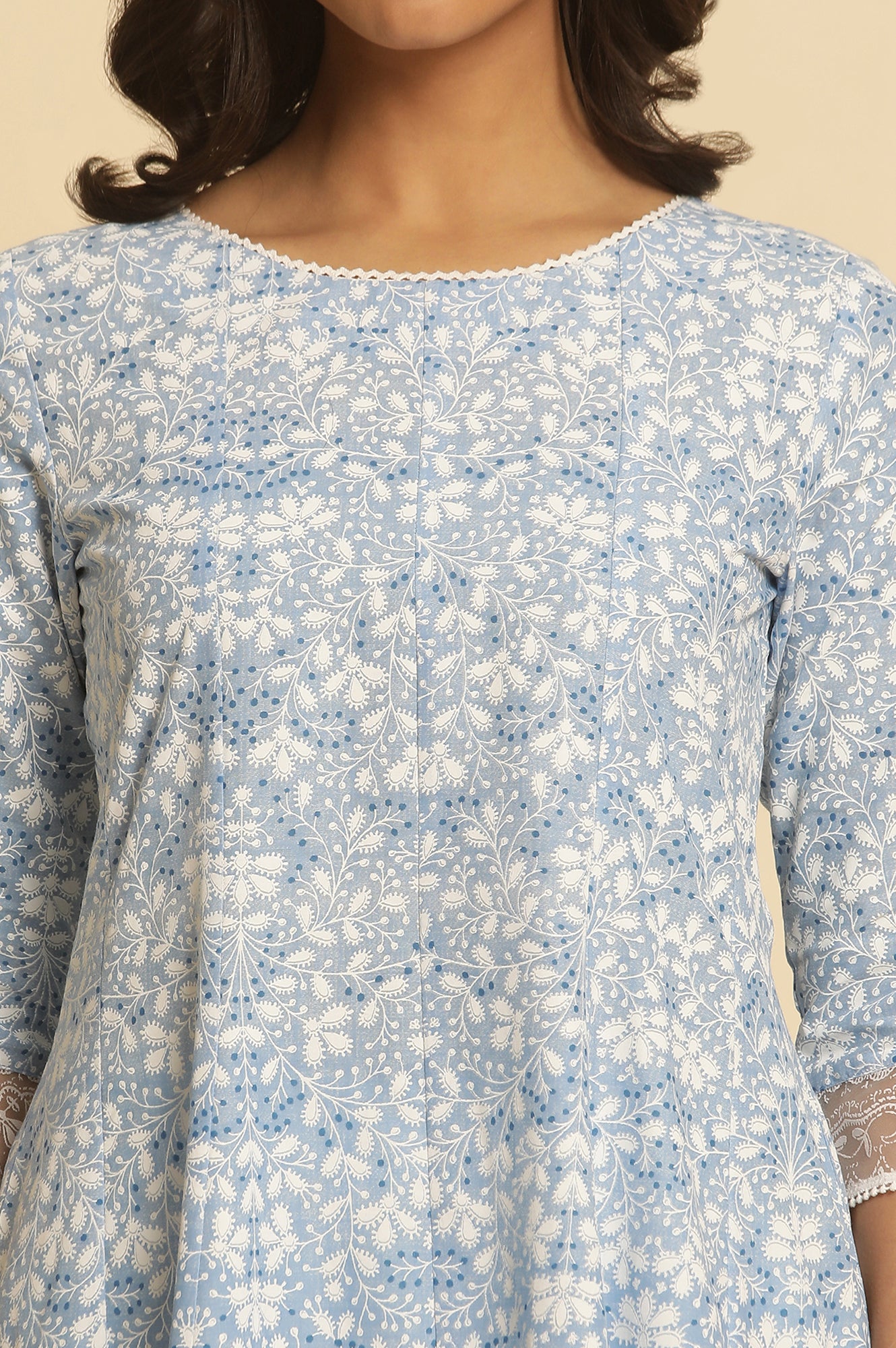 Light Blue Floral Printed Pure Cotton Anarkali Kurta