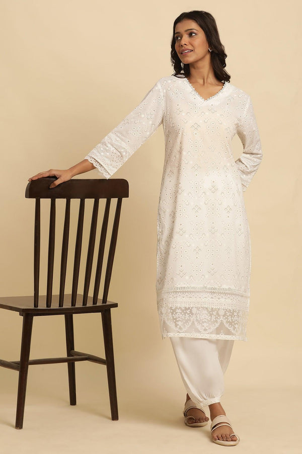 White Cotton Printed Kurta With Brasso Panel