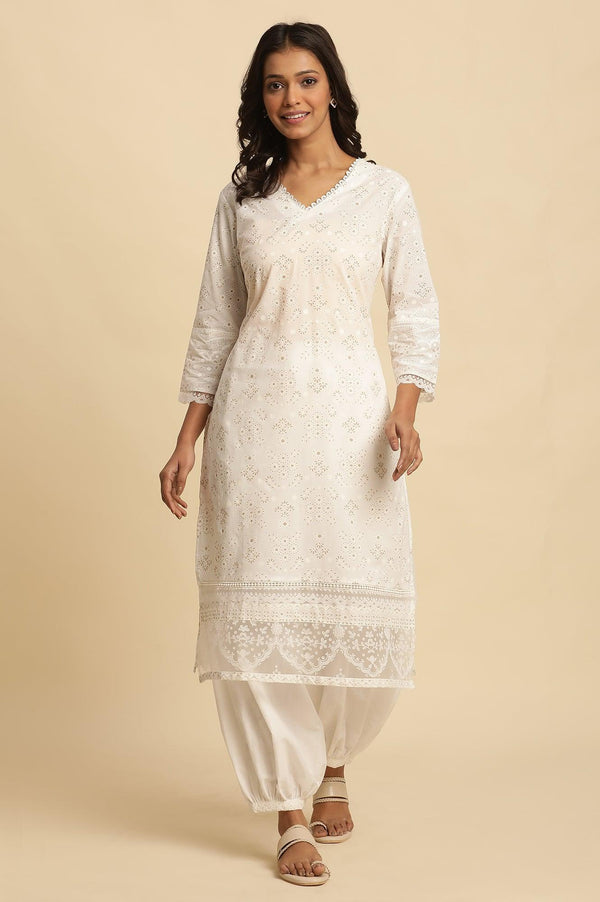 White Cotton Printed Kurta With Brasso Panel