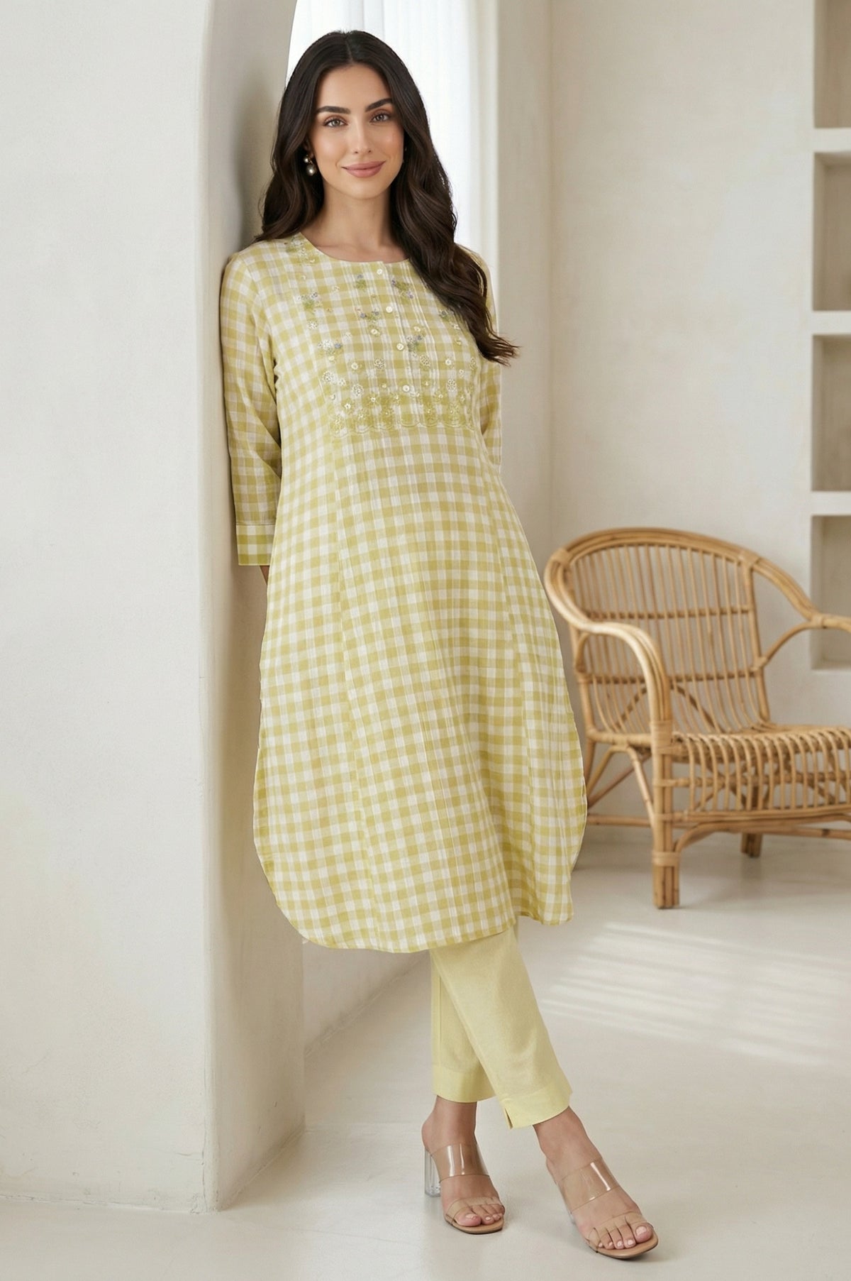White And Celery Green A-Line Cotton Checker Kurta - XS