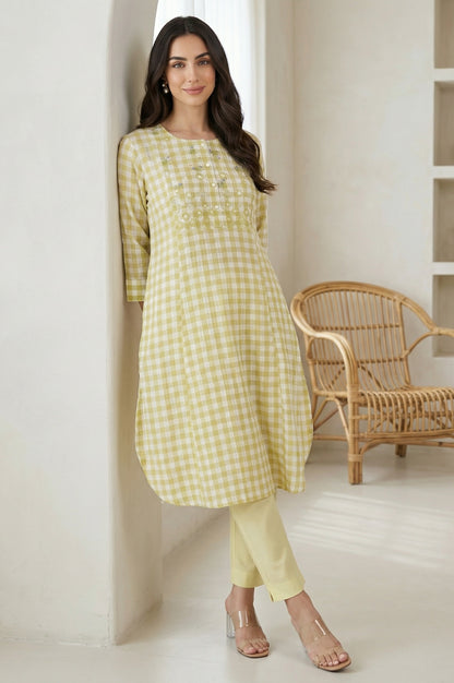 White And Celery Green A-Line Cotton Checker Kurta