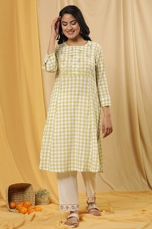 White And Celery Green A-Line Cotton Checker Kurta