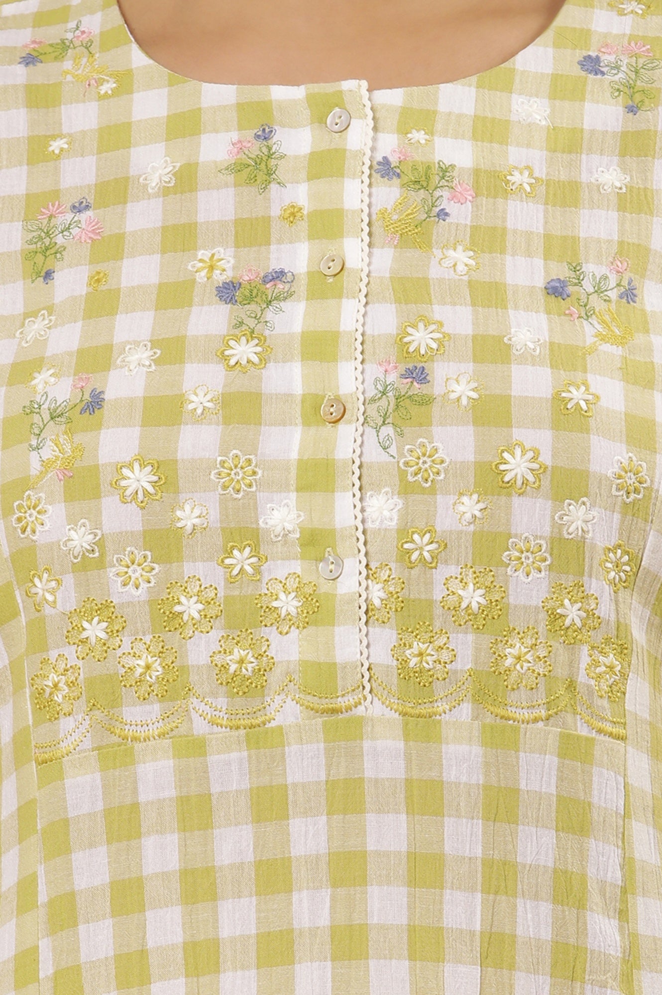 White And Celery Green A-Line Cotton Checker Kurta