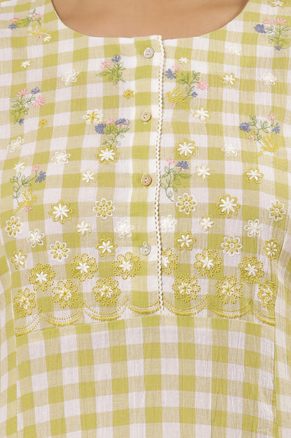 White And Celery Green A-Line Cotton Checker Kurta