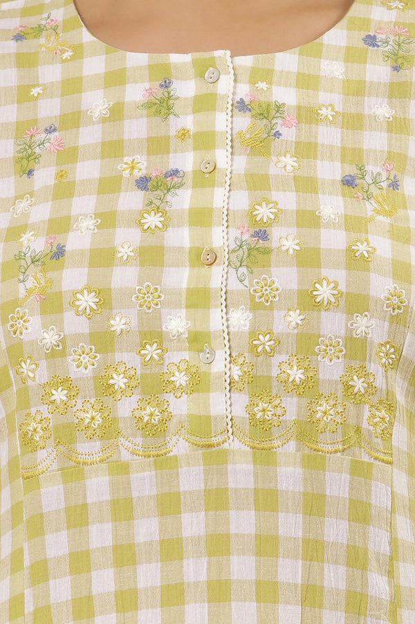 White And Celery Green A-Line Cotton Checker Kurta