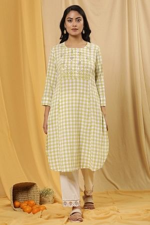 White And Celery Green A-Line Cotton Checker Kurta