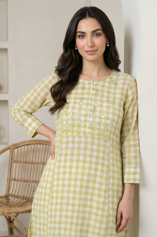 White And Celery Green A-Line Cotton Checker Kurta