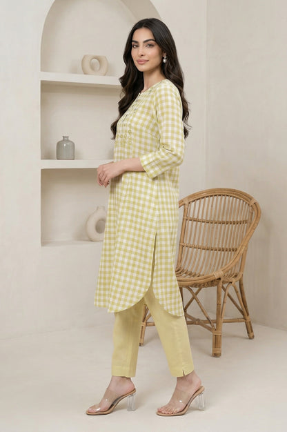 White And Celery Green A-Line Cotton Checker Kurta