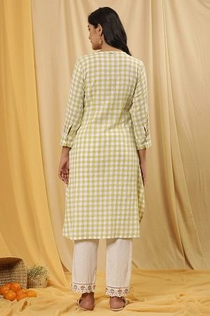 White And Celery Green A-Line Cotton Checker Kurta