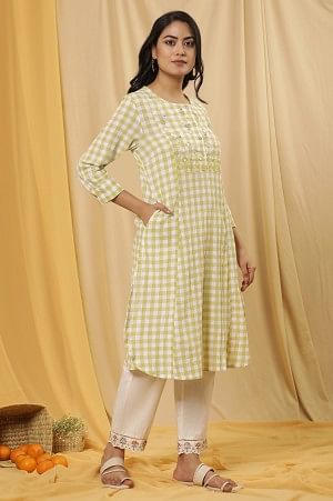 White And Celery Green A-Line Cotton Checker Kurta