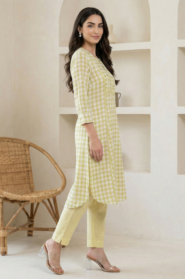 White And Celery Green A-Line Cotton Checker Kurta
