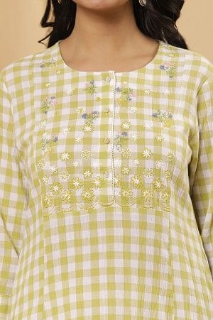 White And Celery Green A-Line Cotton Checker Kurta
