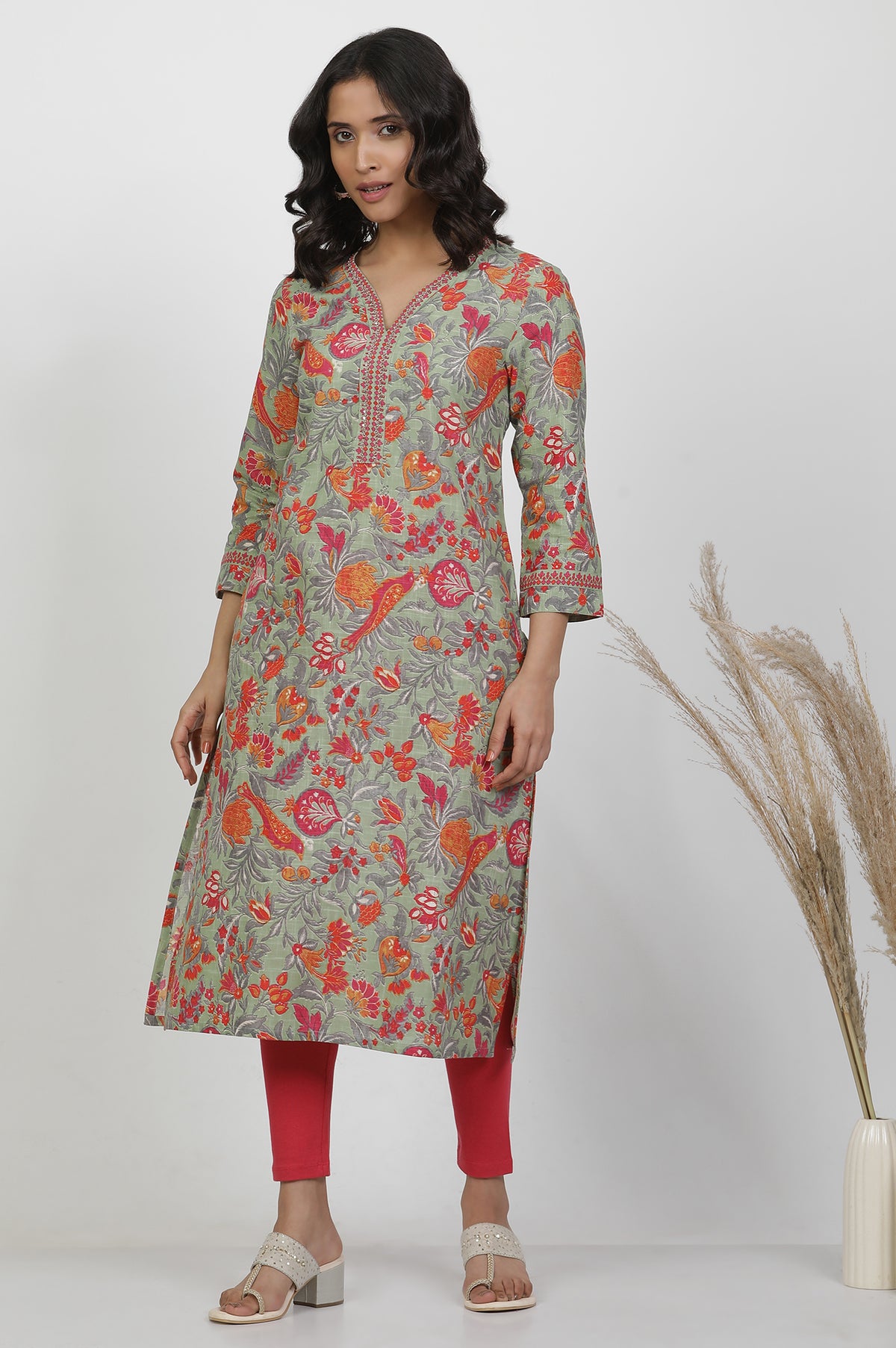 Green Cotton Floral Printed Kurta - XS