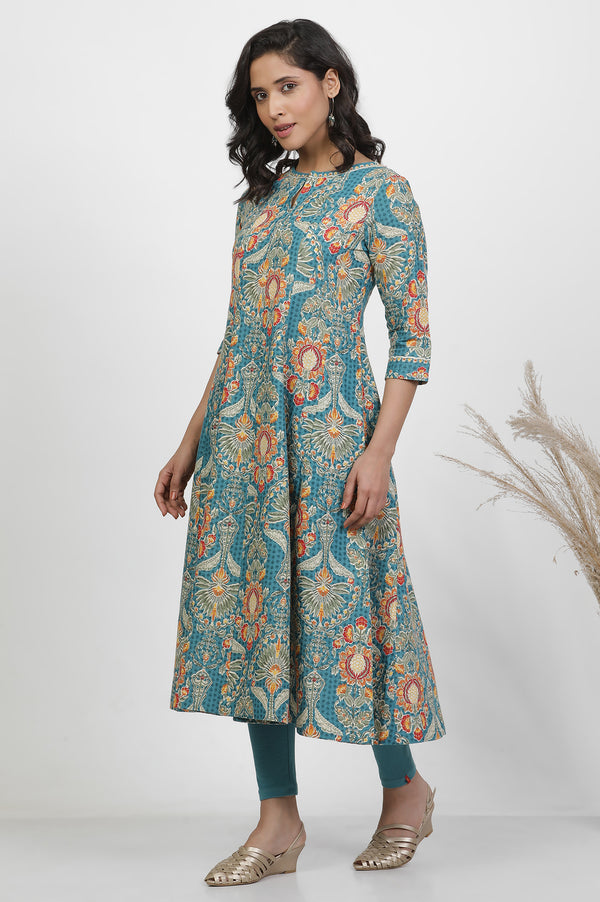 Aqua Blue Floral Printed Flared Kurta