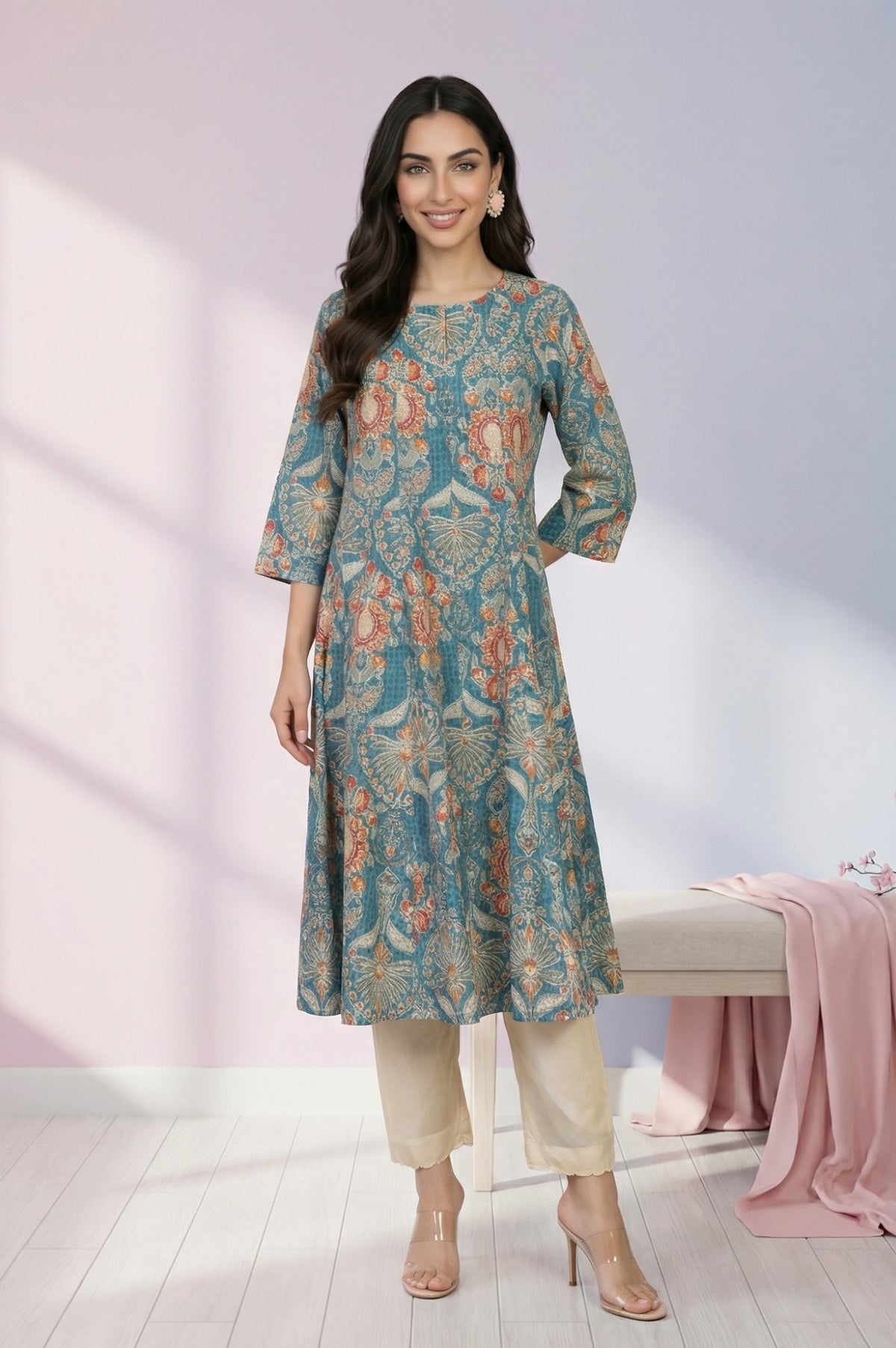Teal Floral Printed Pure Cotton A-line Kurta - XS