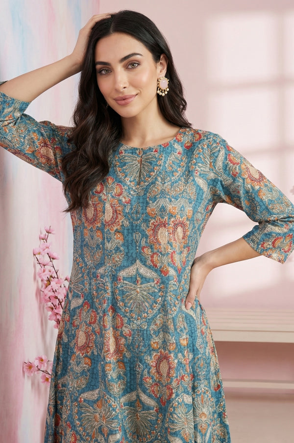 Teal Floral Printed Pure Cotton A-line Kurta