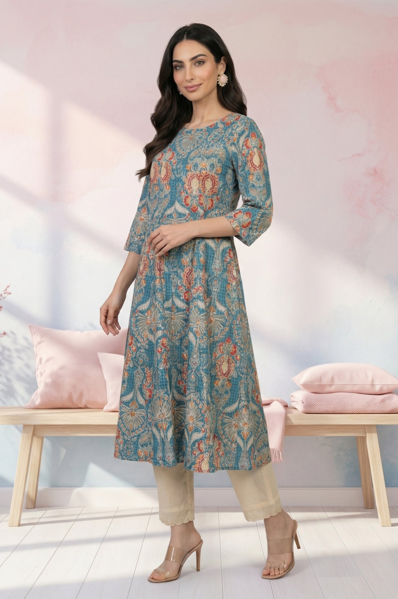 Teal Floral Printed Pure Cotton A-line Kurta