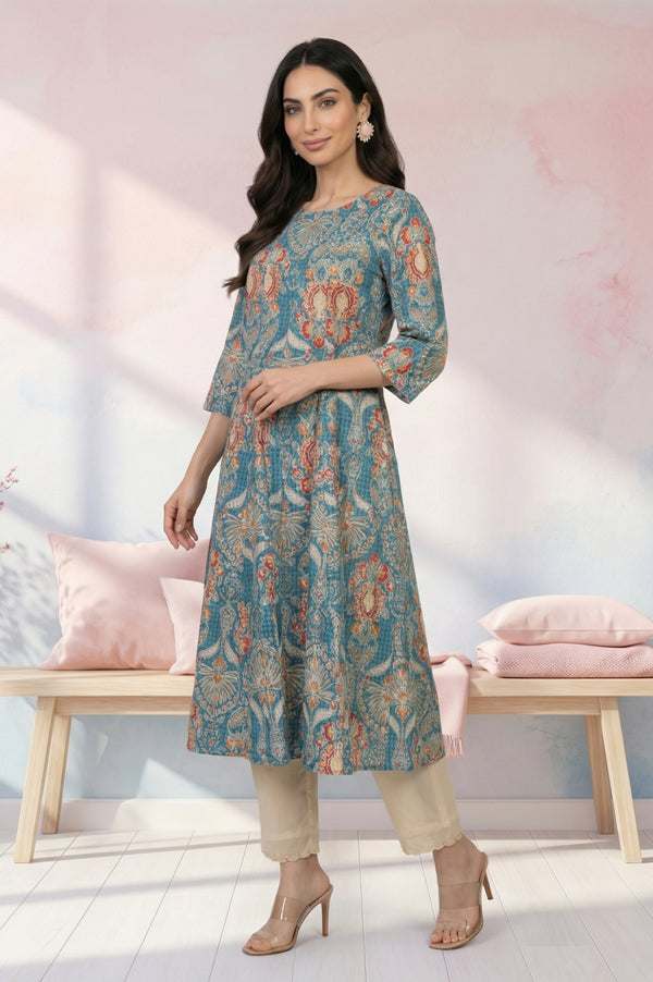 Teal Floral Printed Pure Cotton A-line Kurta