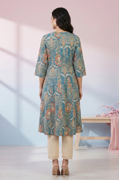 Teal Floral Printed Pure Cotton A-line Kurta