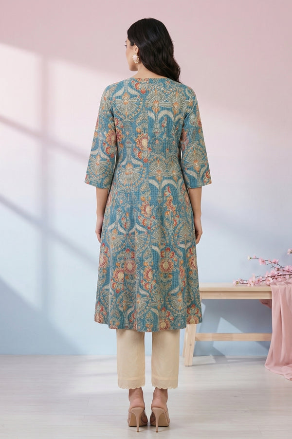 Teal Floral Printed Pure Cotton A-line Kurta