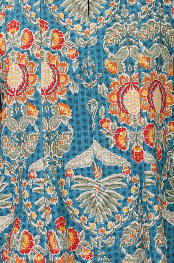 Teal Floral Printed Pure Cotton A-line Kurta