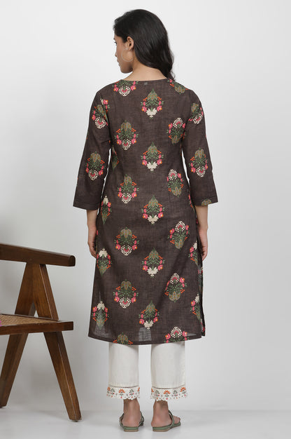 Brown Floral Printed Cotton Kurta