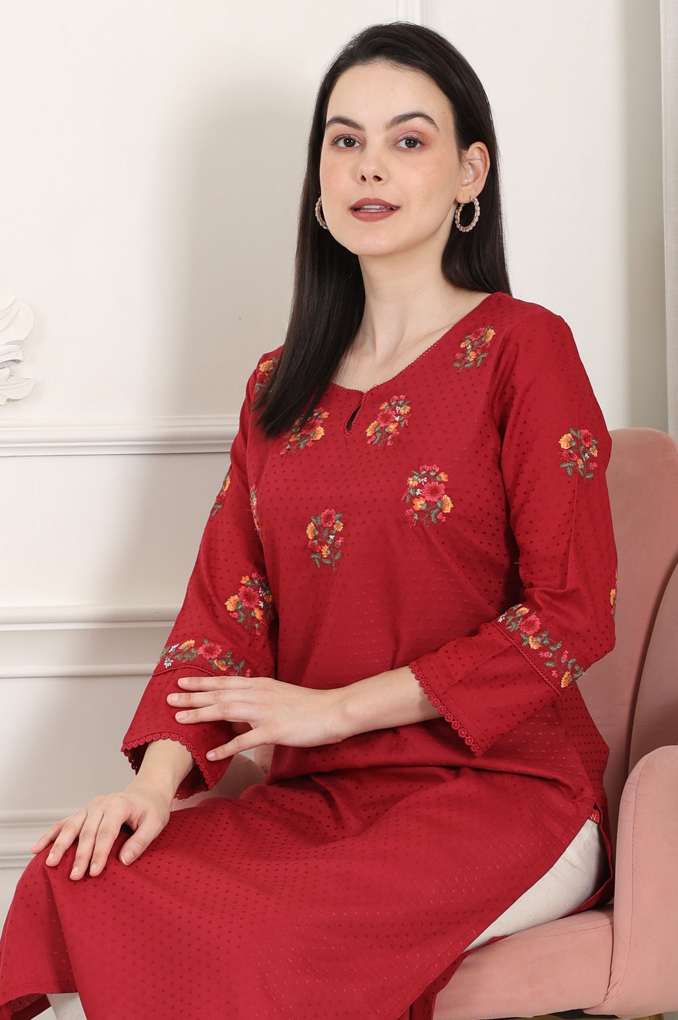 Maroon Thread Embroidered Yoke Textured Dobby Straight Kurta - wforwoman