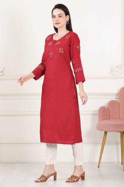 Maroon Thread Embroidered Yoke Textured Dobby Straight Kurta - wforwoman