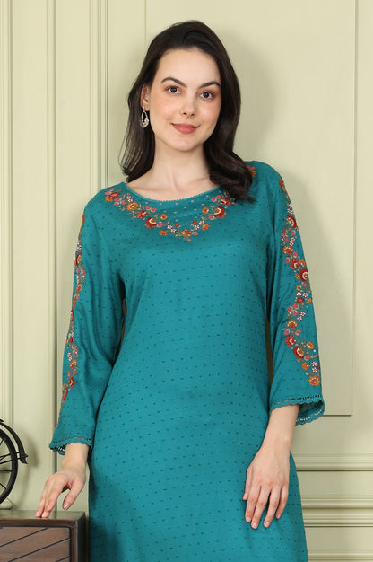 Teal Thread Embroidered Neck Textured Dobby Straight Kurta - wforwoman