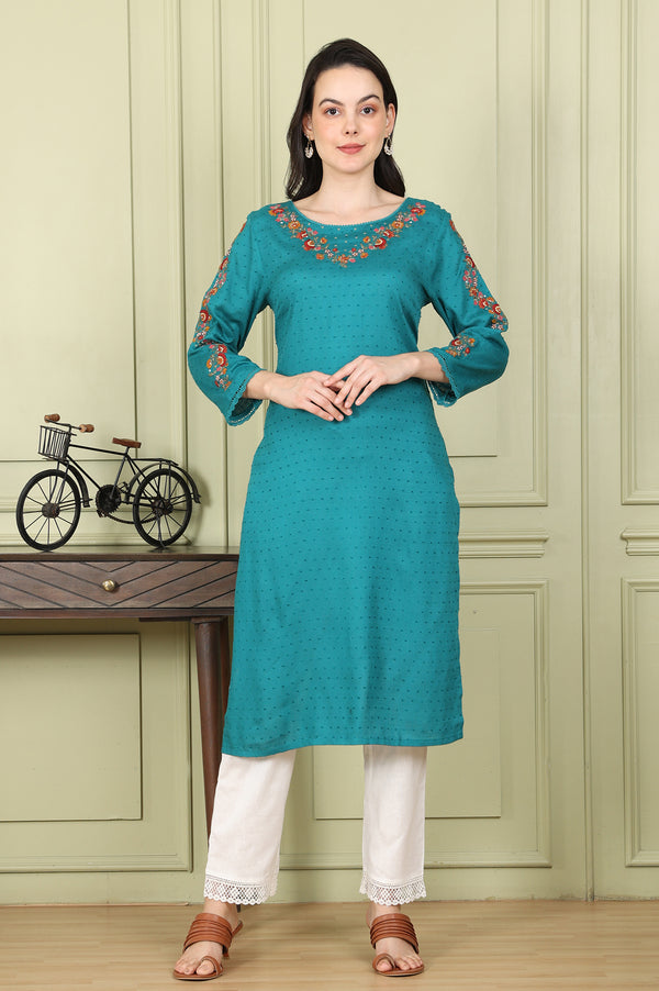 Teal Thread Embroidered Neck Textured Dobby Straight Kurta