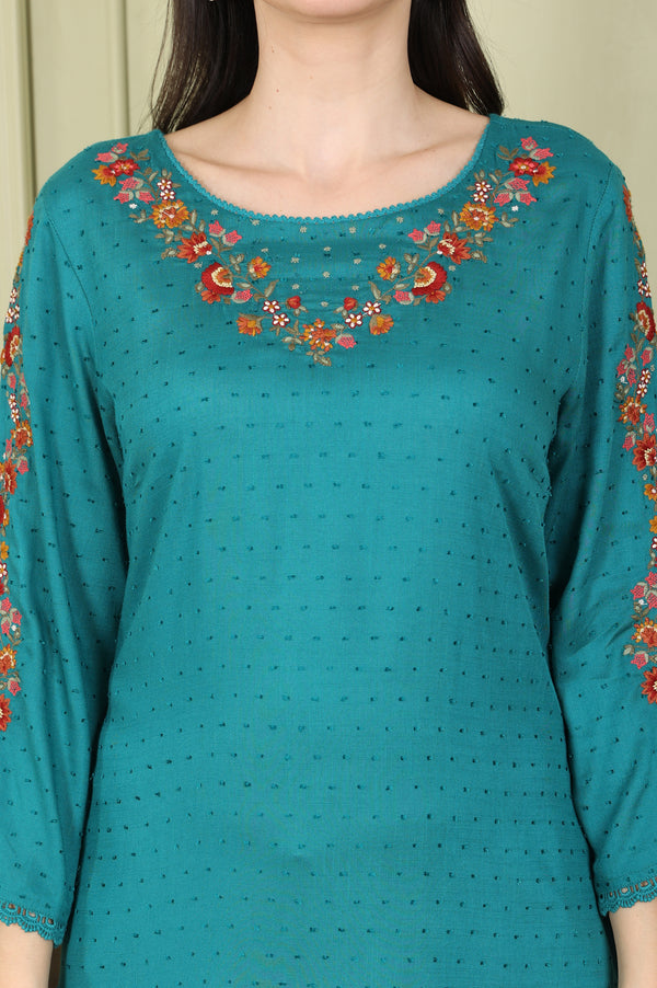 Teal Thread Embroidered Neck Textured Dobby Straight Kurta