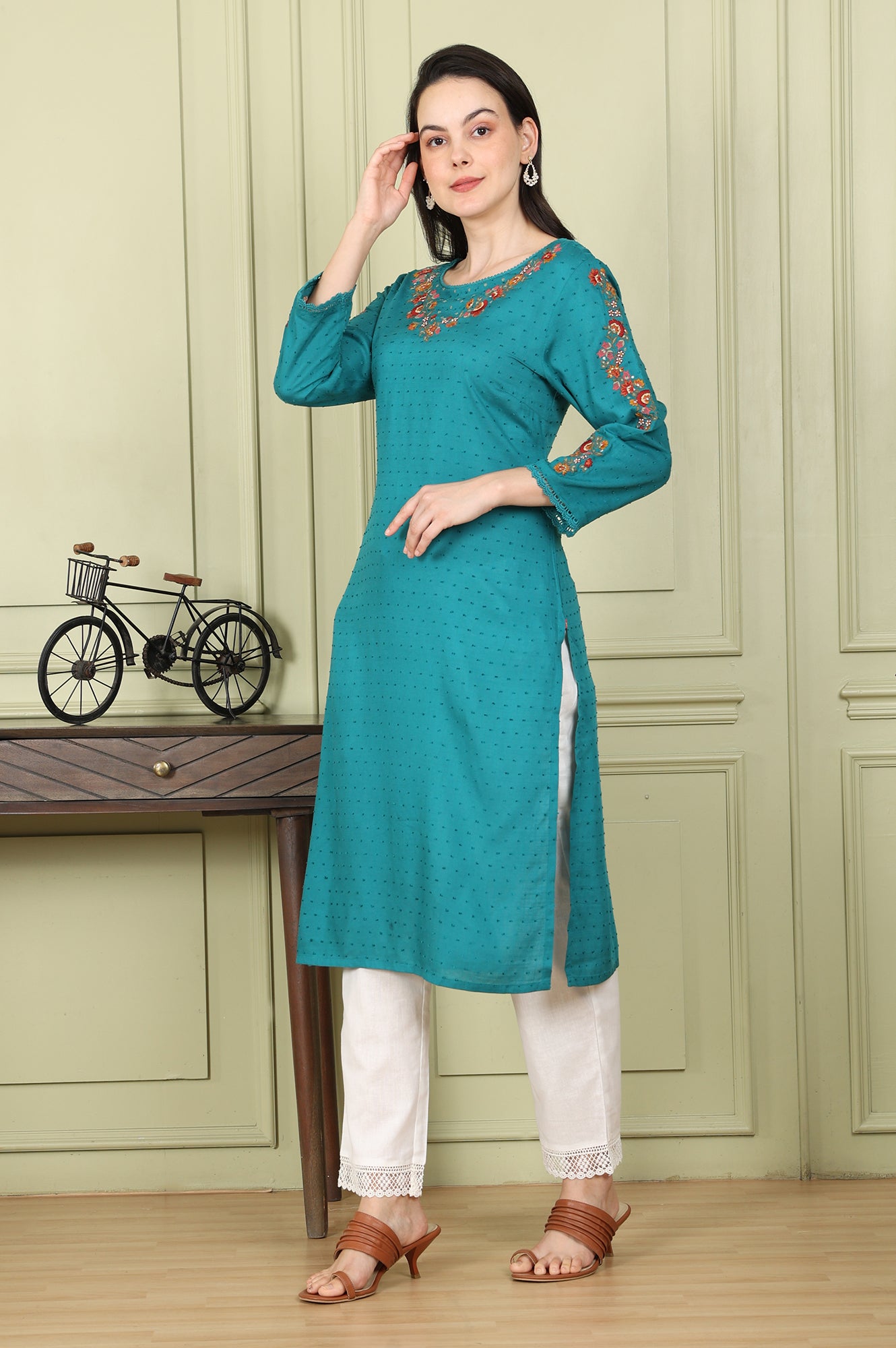 Teal Thread Embroidered Neck Textured Dobby Straight Kurta - wforwoman