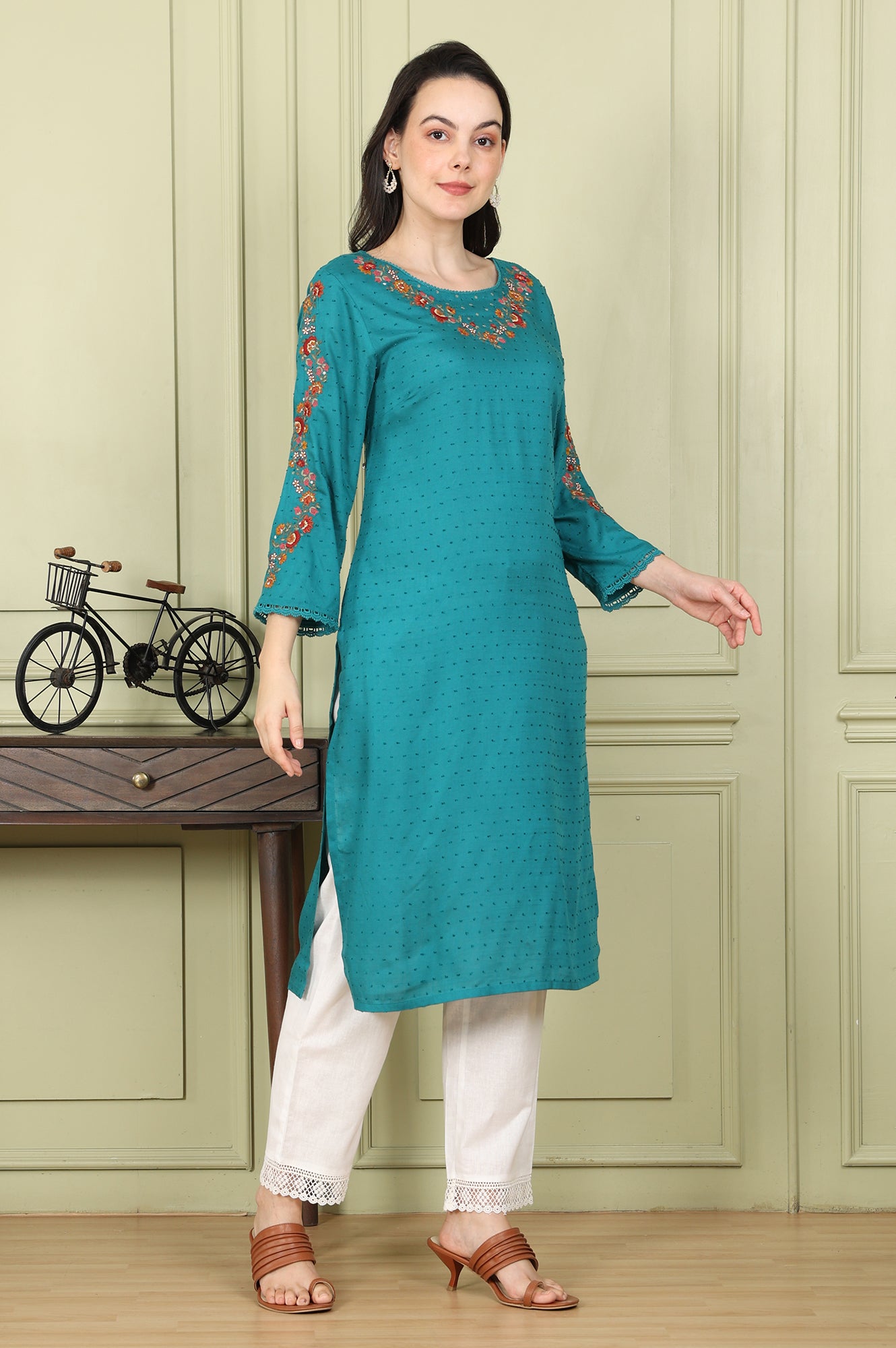 Teal Thread Embroidered Neck Textured Dobby Straight Kurta - wforwoman