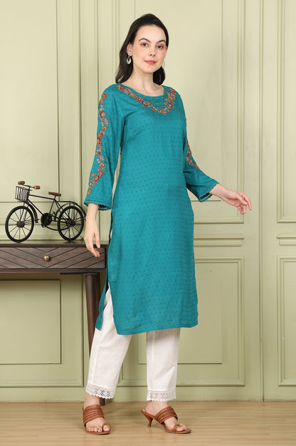 Teal Thread Embroidered Neck Textured Dobby Straight Kurta - wforwoman