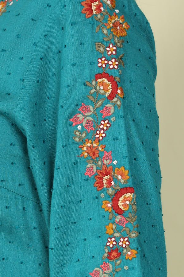 Teal Thread Embroidered Neck Textured Dobby Straight Kurta